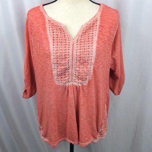 Womens Boho Peasant Top Size XL Jersey Knit Roll Tab Sleeves Lace